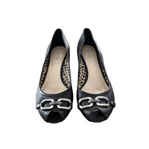 Women's Coach Black Leather Peep Toe Wedge Heels Size 8